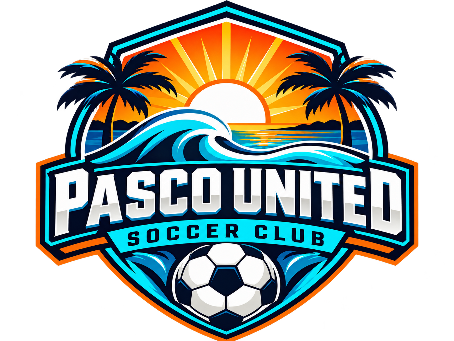 Pasco United Soccer Club crest with Gulf Coast sunset, palm trees, waves, and soccer ball
