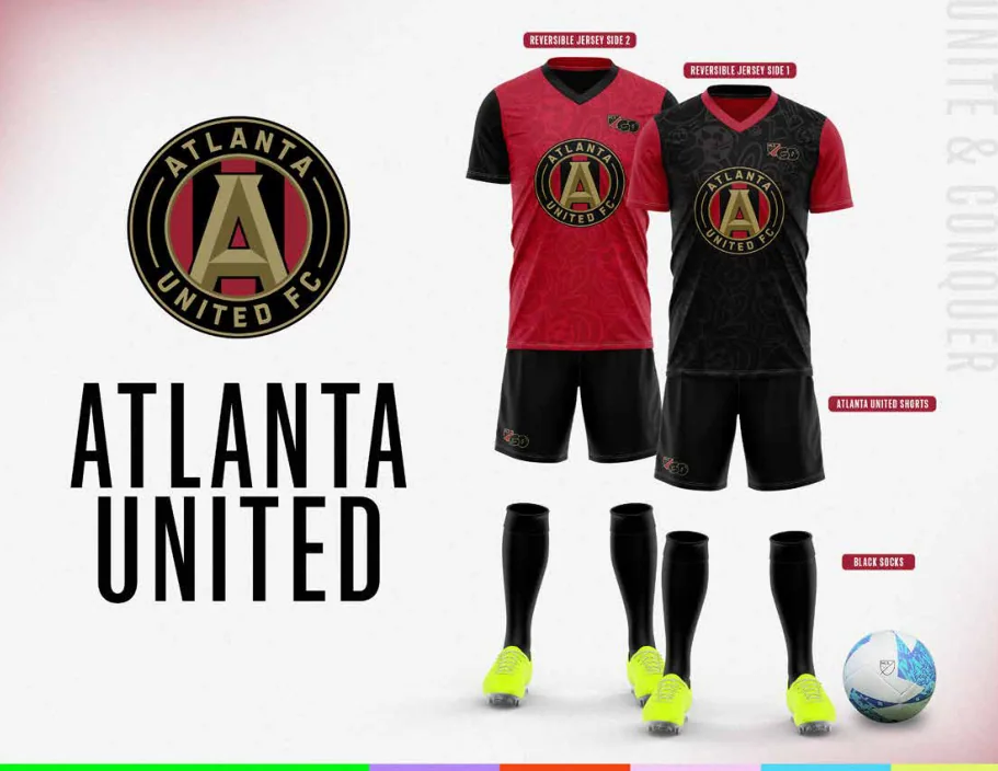 MLS GO catalog uniform designs for Atlanta United, with two jersey designs, shorts and socks