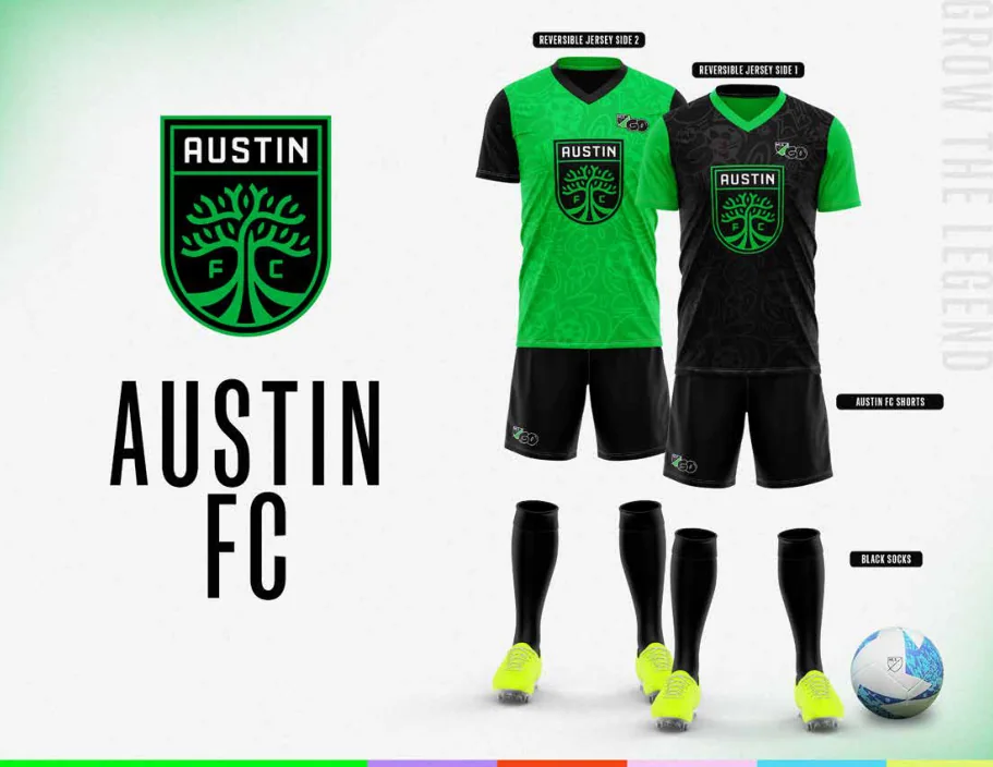 MLS GO catalog uniform designs for Austin FC, with two jersey designs, shorts and socks