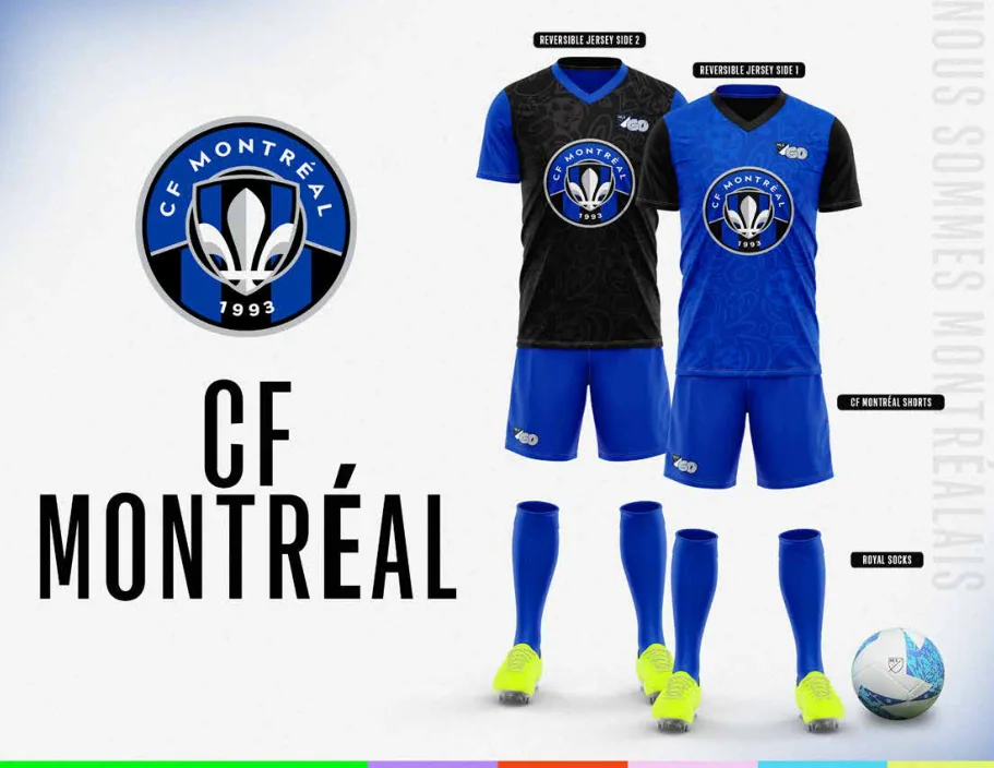 MLS GO catalog uniform designs for CF MontrΓ©al, with two jersey designs, shorts and socks