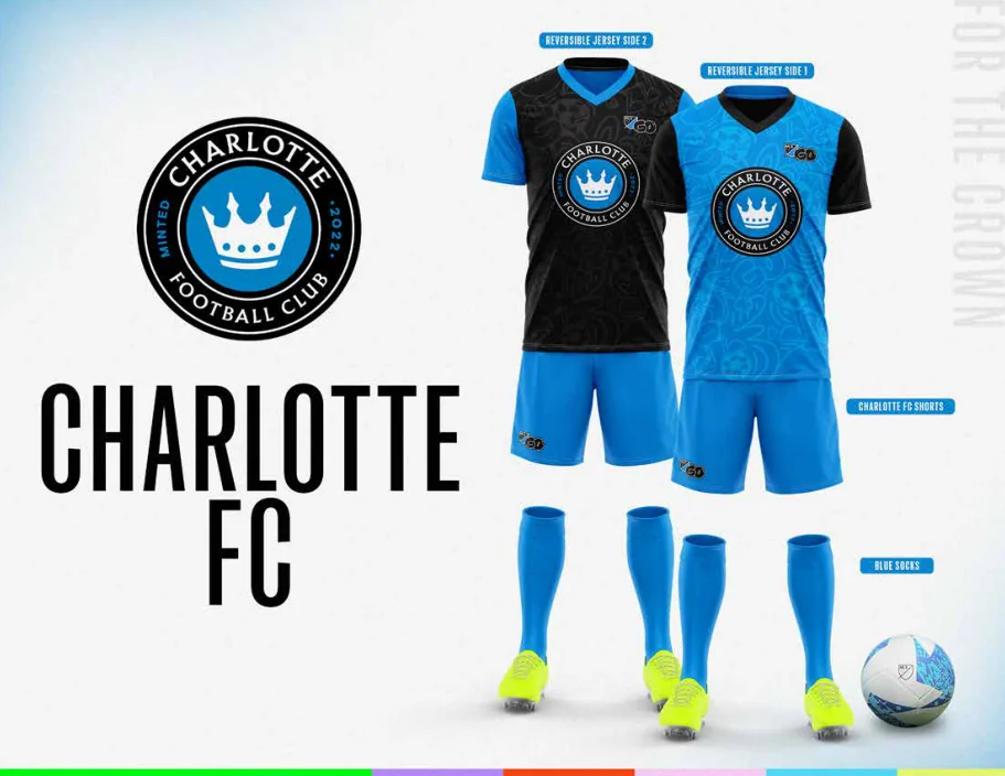 MLS GO catalog uniform designs for Charlotte FC, with two jersey designs, shorts and socks