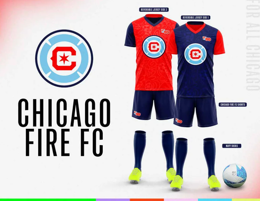 MLS GO catalog uniform designs for Chicago Fire FC, with two jersey designs, shorts and socks