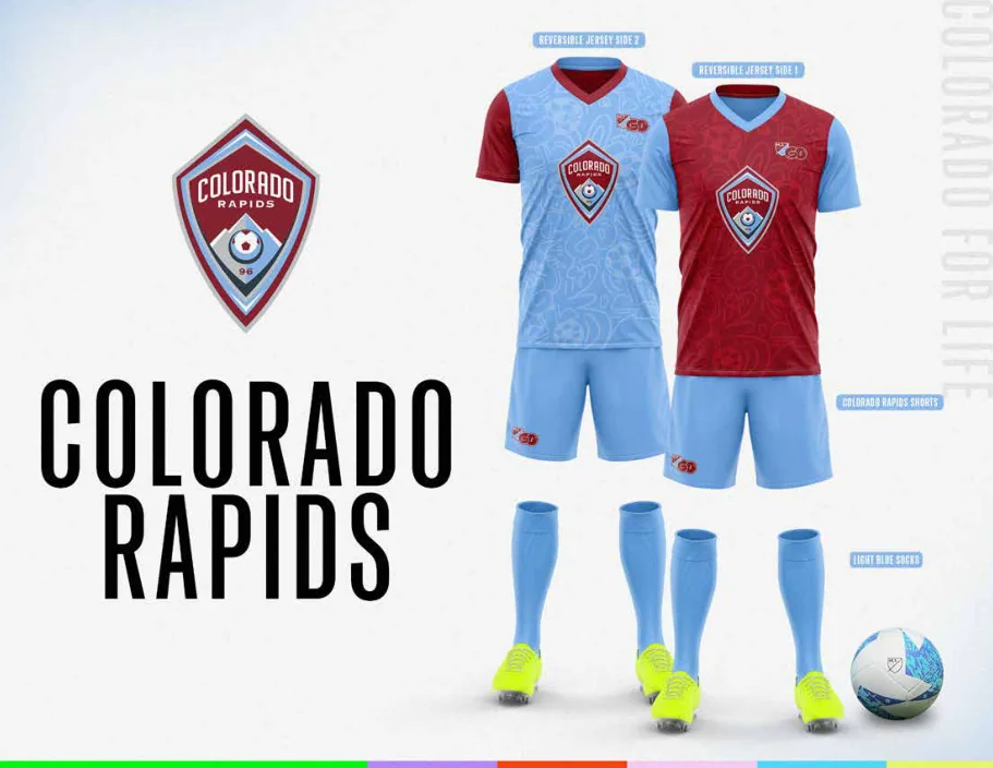 MLS GO catalog uniform designs for Colorado Rapids, with two jersey designs, shorts and socks