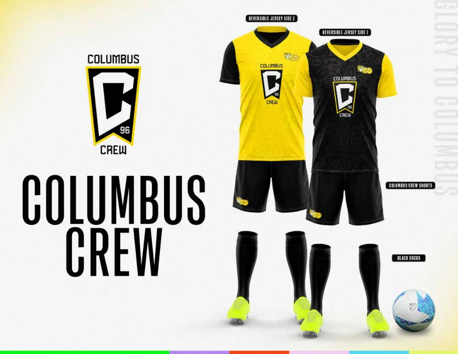 MLS GO catalog uniform designs for Columbus Crew, with two jersey designs, shorts and socks
