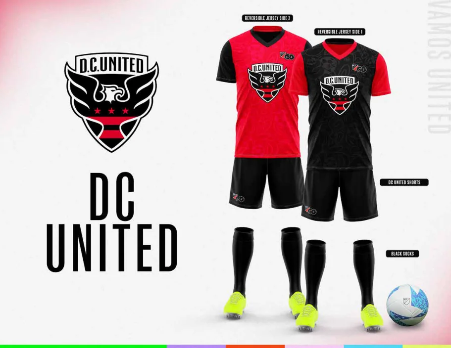 MLS GO catalog uniform designs for D.C. United, with two jersey designs, shorts and socks