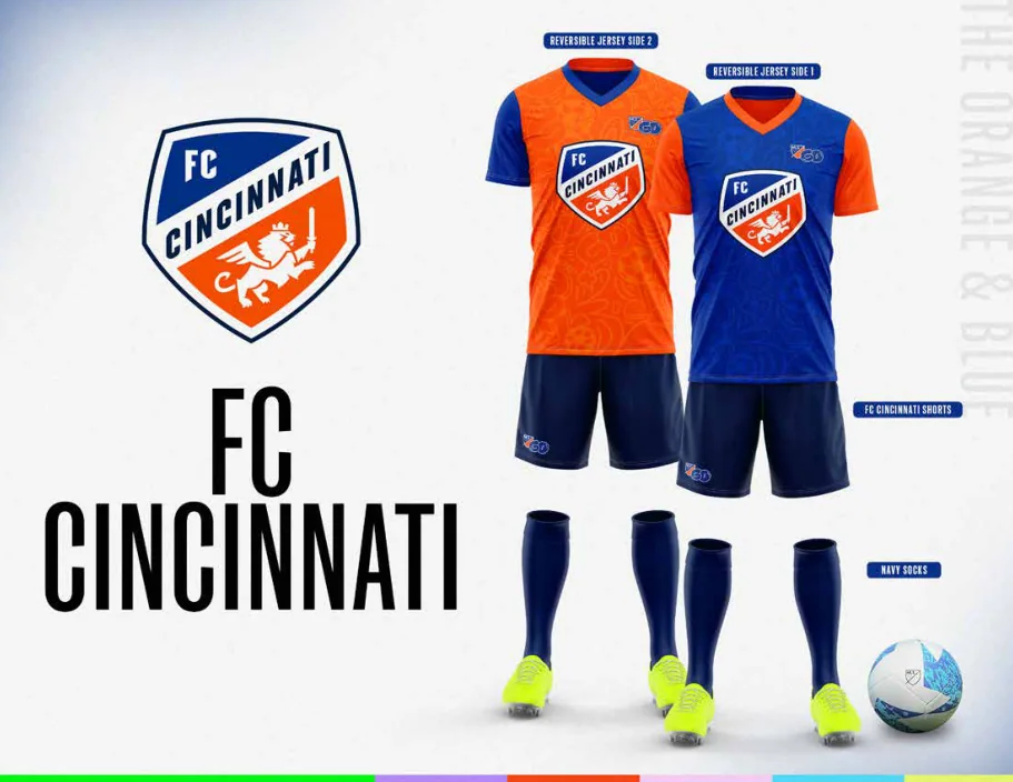 MLS GO catalog uniform designs for FC Cincinnati, with two jersey designs, shorts and socks