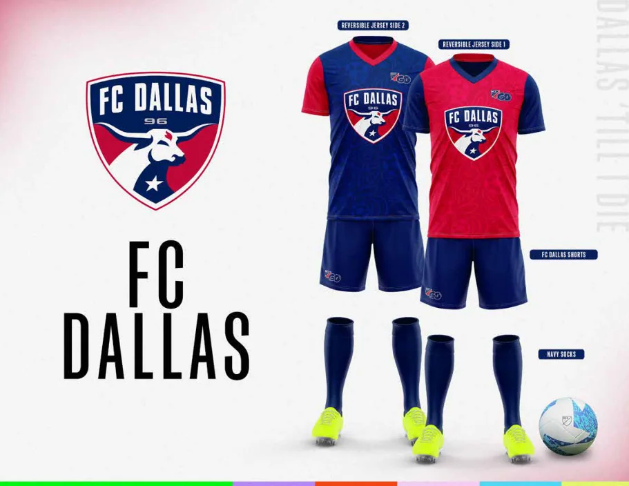 MLS GO catalog uniform designs for FC Dallas, with two jersey designs, shorts and socks