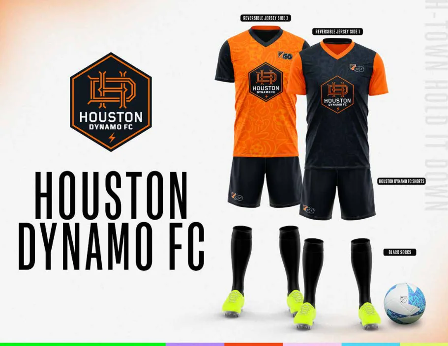 MLS GO catalog uniform designs for Houston Dynamo FC, with two jersey designs, shorts and socks