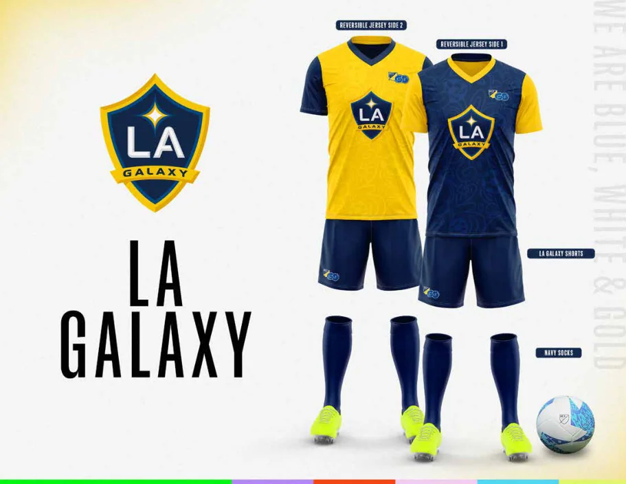 MLS GO catalog uniform designs for LA Galaxy, with two jersey designs, shorts and socks