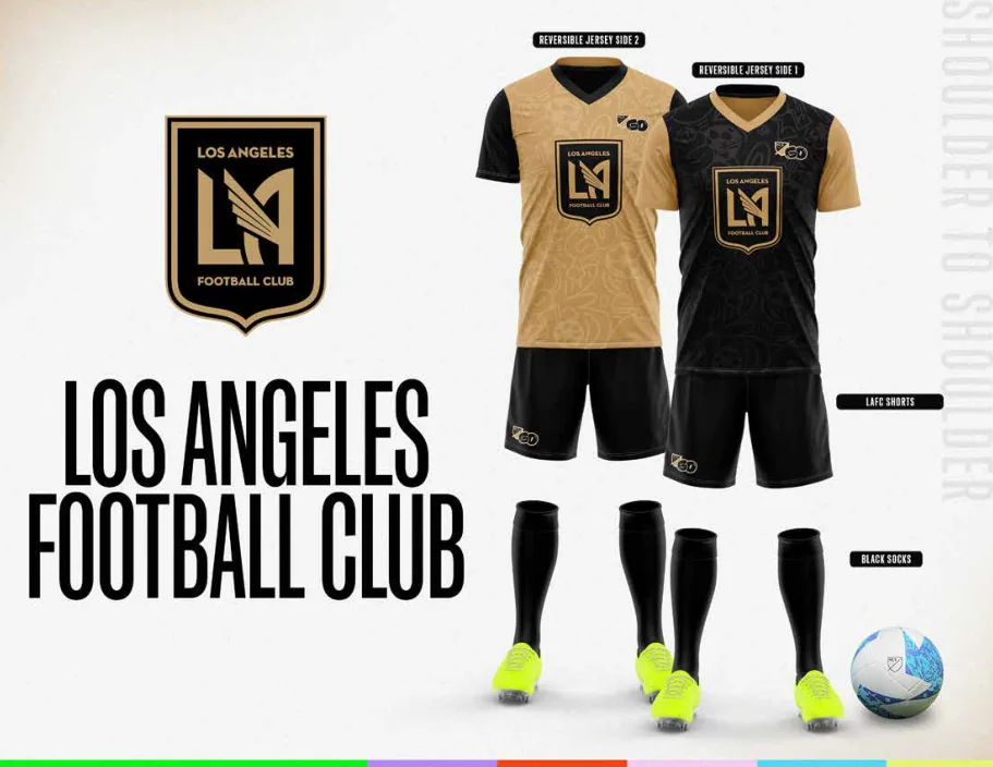 MLS GO catalog uniform designs for Los Angeles FC, with two jersey designs, shorts and socks