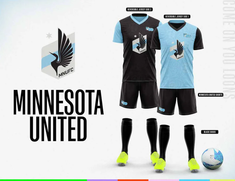 MLS GO catalog uniform designs for Minnesota United FC, with two jersey designs, shorts and socks