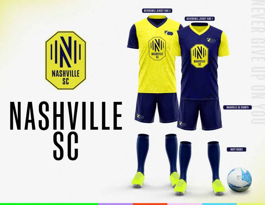 MLS GO catalog uniform designs for Nashville SC, with two jersey designs, shorts and socks