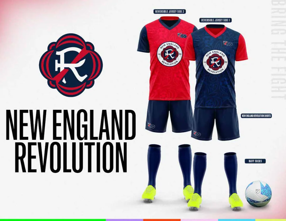 MLS GO catalog uniform designs for New England Revolution, with two jersey designs, shorts and socks