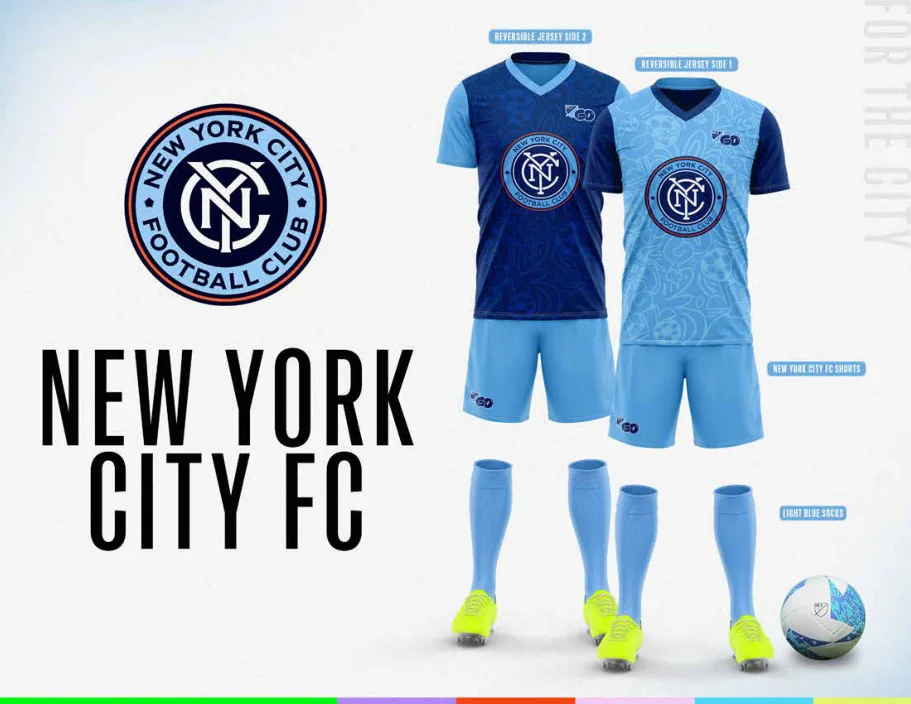 MLS GO catalog uniform designs for New York City FC, with two jersey designs, shorts and socks