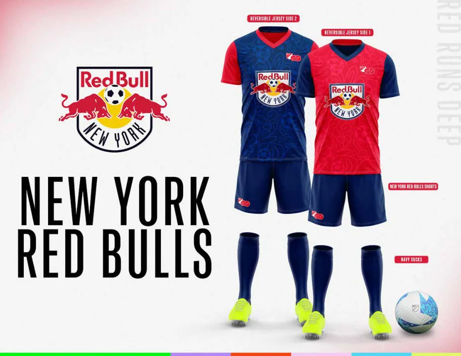 MLS GO catalog uniform designs for New York Red Bulls, with two jersey designs, shorts and socks
