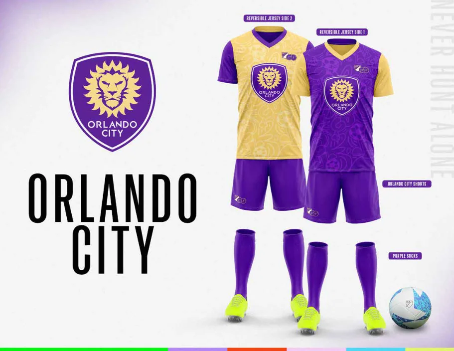 MLS GO catalog uniform designs for Orlando City SC, with two jersey designs, shorts and socks
