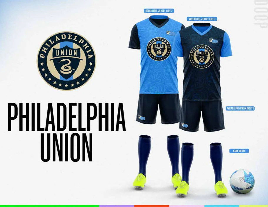 MLS GO catalog uniform designs for Philadelphia Union, with two jersey designs, shorts and socks