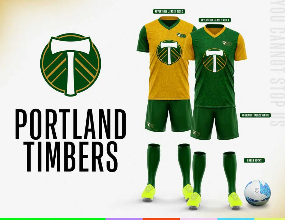 MLS GO catalog uniform designs for Portland Timbers, with two jersey designs, shorts and socks