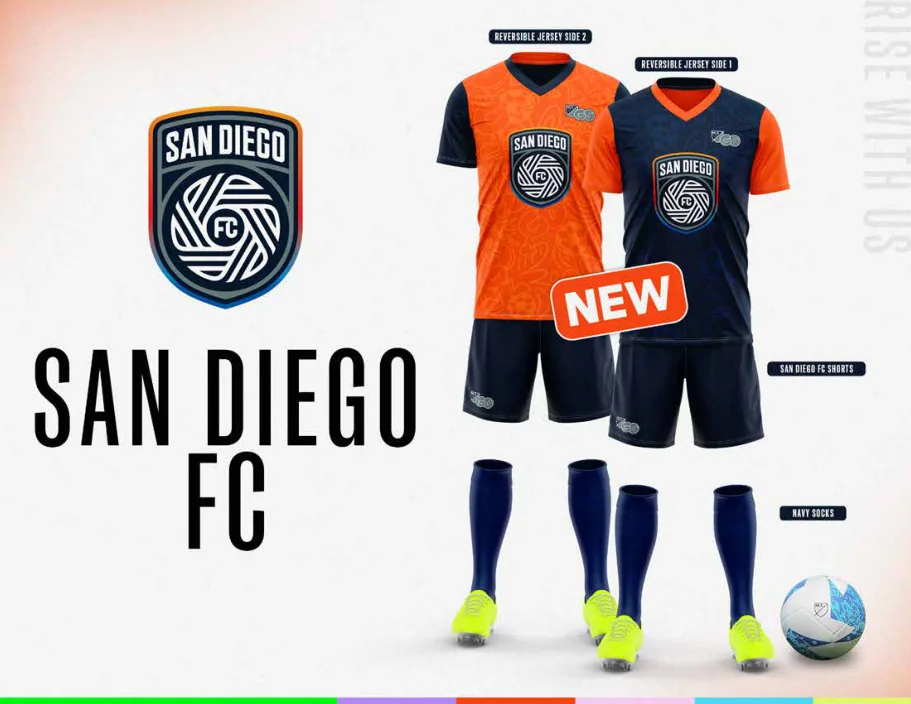 MLS GO catalog uniform designs for San Diego FC, with two jersey designs, shorts and socks