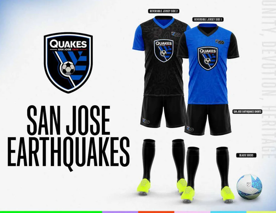 MLS GO catalog uniform designs for San Jose Earthquakes, with two jersey designs, shorts and socks