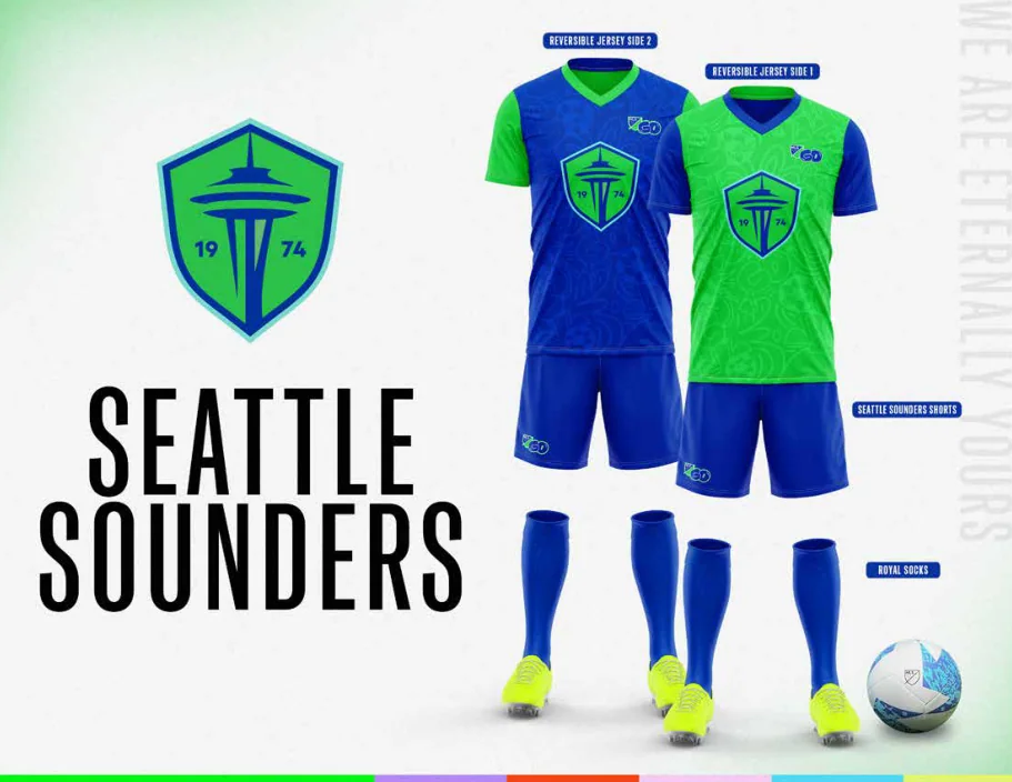 MLS GO catalog uniform designs for Seattle Sounders FC, with two jersey designs, shorts and socks