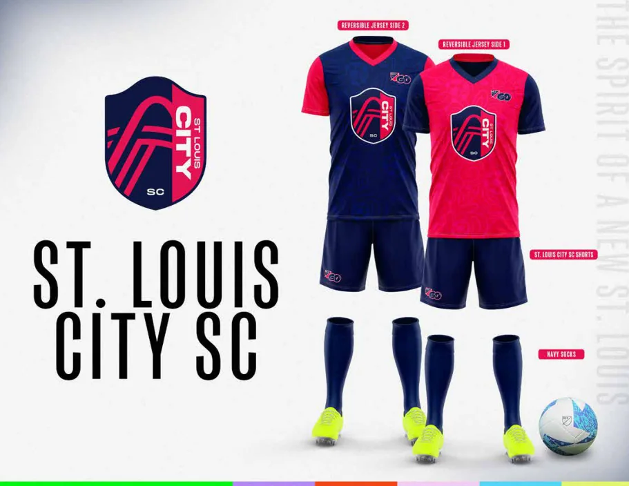 MLS GO catalog uniform designs for St. Louis City SC, with two jersey designs, shorts and socks
