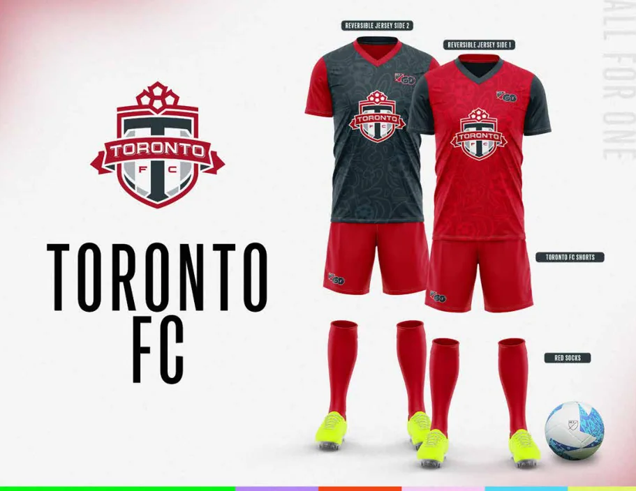 MLS GO catalog uniform designs for Toronto FC, with two jersey designs, shorts and socks