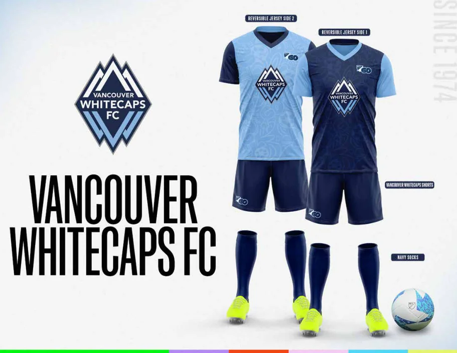 MLS GO catalog uniform designs for Vancouver Whitecaps FC, with two jersey designs, shorts and socks
